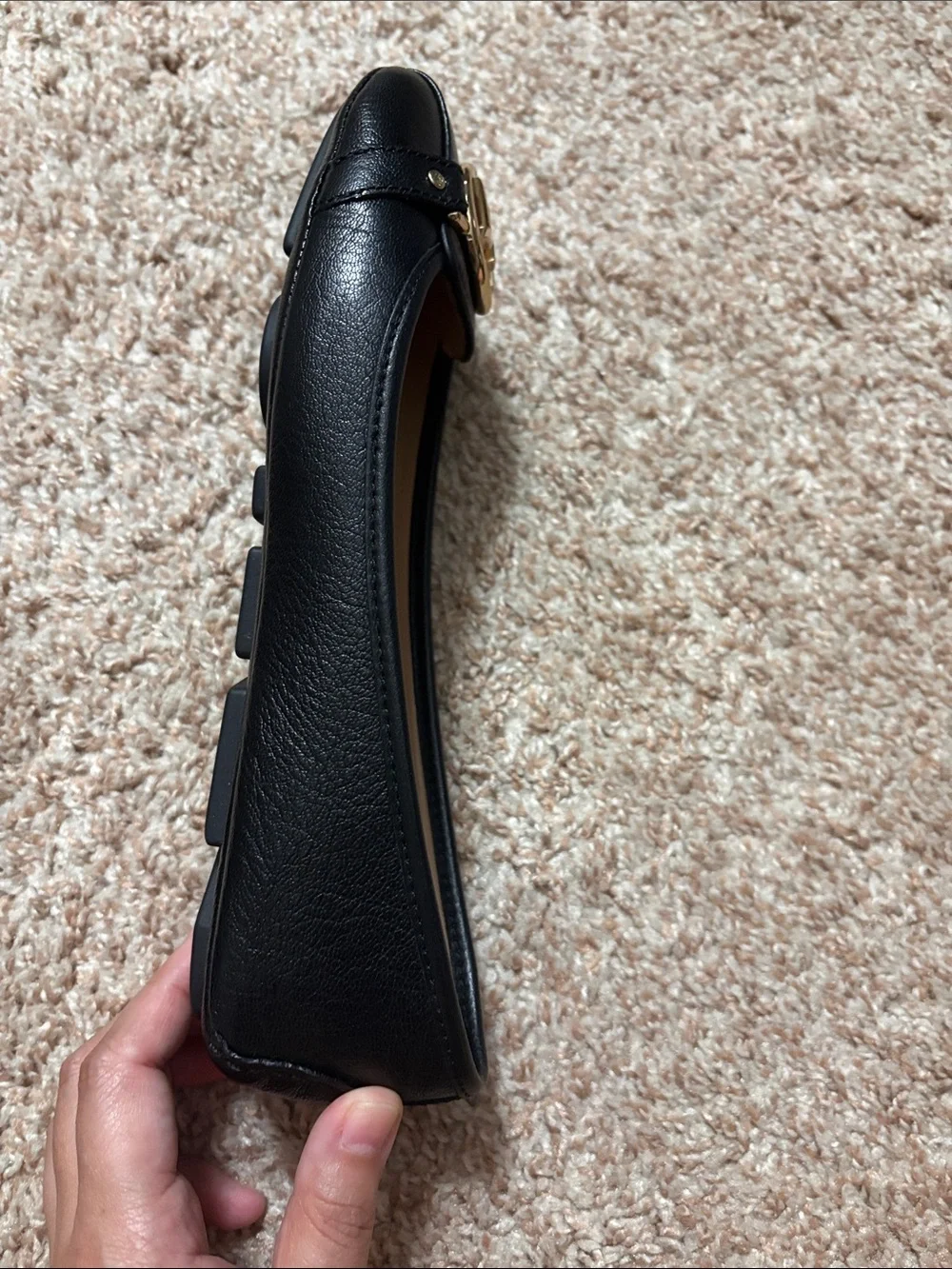 MICHAEL Michael Kors Black Leather Logo Ballet Flats with Gold MK Emblem